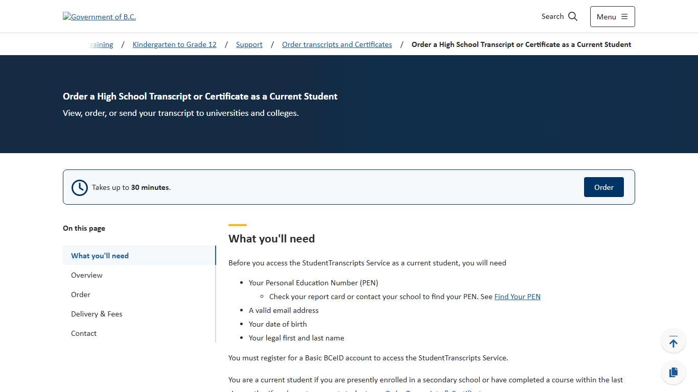 Order a High School Transcript or Certificate as a Current Student - Province of British Columbia